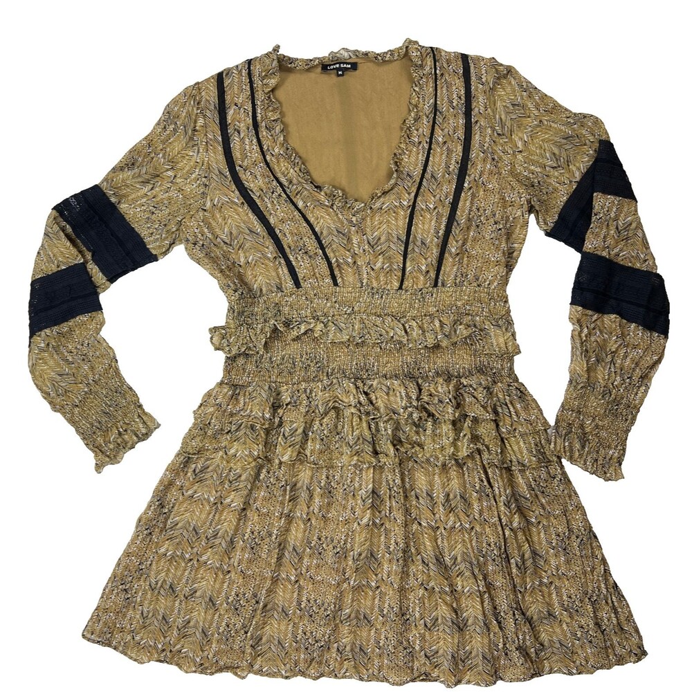 Love Sam Boho Hippie Tiered Chevron Mini Dress Medium Crochet Trim Puff Sleeve